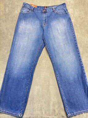 Timberland Men’s Relaxed Fit Jeans 38x32 Medium Wash Leather Patch Straight Leg